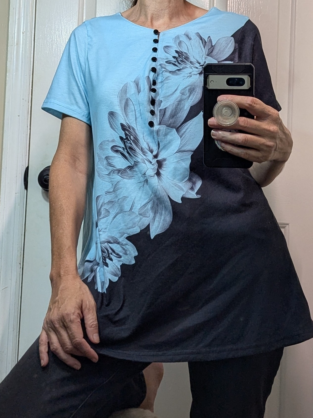 Floral Two-Tone Short Sleeve Top in Light Blue and Black